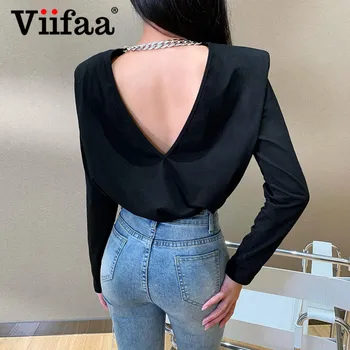 

Viifaa Oversized T Shirt Shoulder Pad Elegant Chain Backless Black Tops Women Long Sleeve Autumn 2020 Elegant Ladies Tshirts