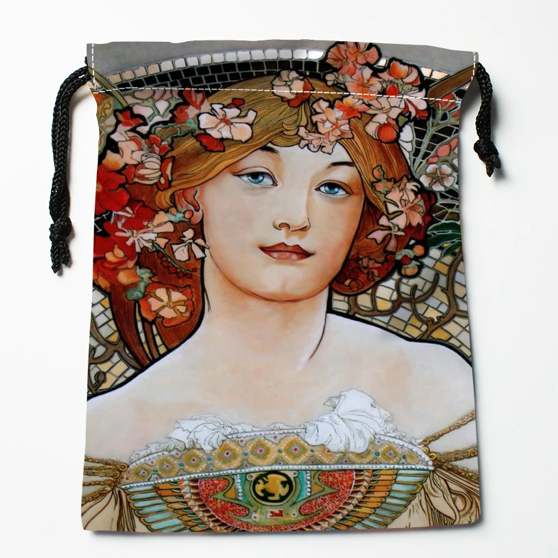 New Arrival Alphonse Mucha Drawstring Bags Print 18X22CM Soft Satin Fabric Resuable Storage Storage Clothes Bag Shoes Bags 6