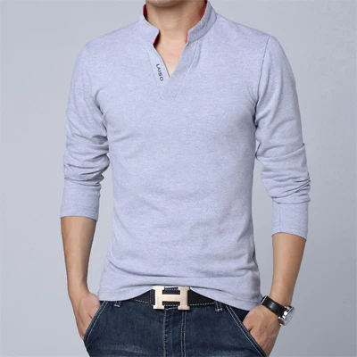 Осень, новая модная мужская футболка, повседневная, v-образный вырез, длинный рукав, футболка, Мужская одежда, тренд,, одноцветные футболки для мужчин 4XL 5XL - Цвет: T02 Gray