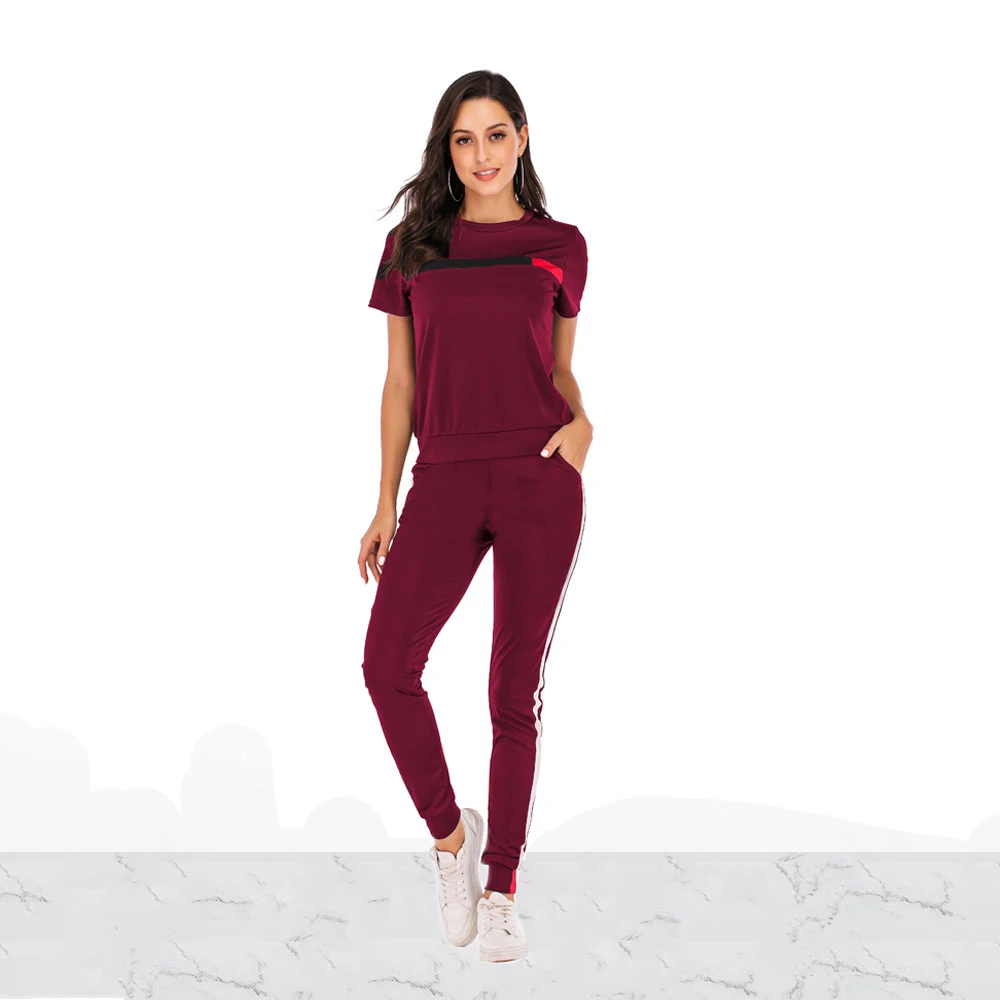 

Women Sexy Solid Striped Patchwork O-Neck Short Sleeve Top+Slim Pencil Pants 2 Piece Set Outfits Summer Female Sports Streetwear