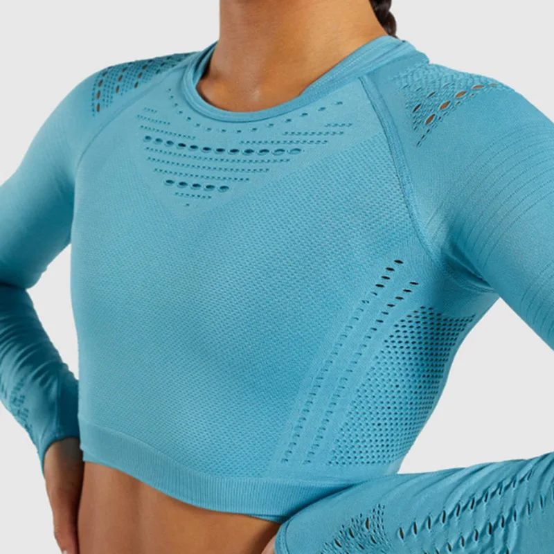 Blue SALSPOR женский бесшовный укороченный топ с длинным рукавом, для йоги, для спортзала, для бега, спортивная одежда для фитнеса, женские эластичные облегающие для тренировок Топы - Цвет: Blue