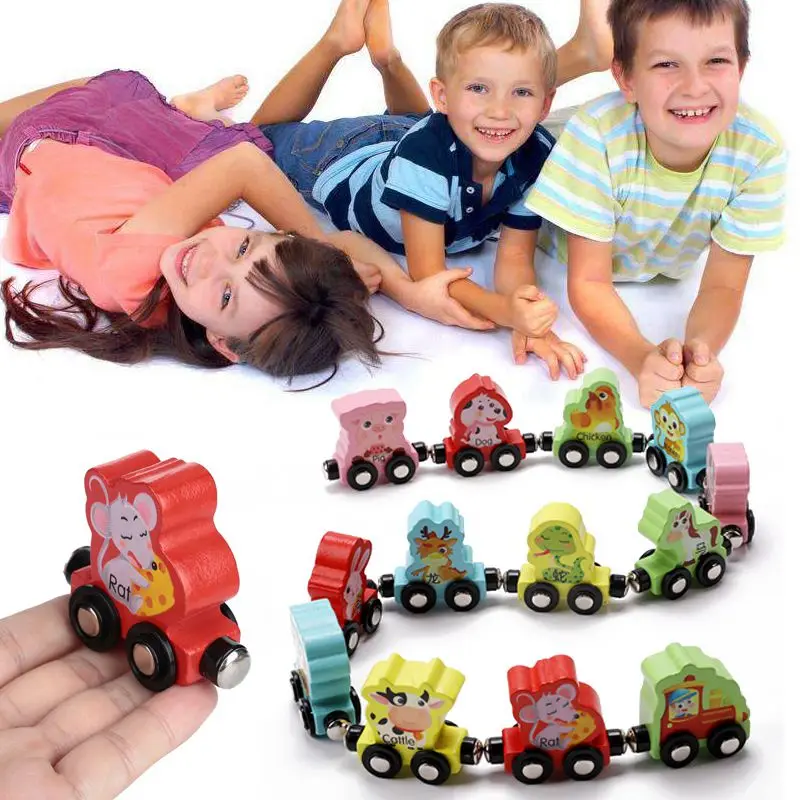 MWZ Chinese Zodiac Trains Toy Magnetic Wooden Train Car Wooden Magnetic Anime Locomotives Toy For Kids Gift