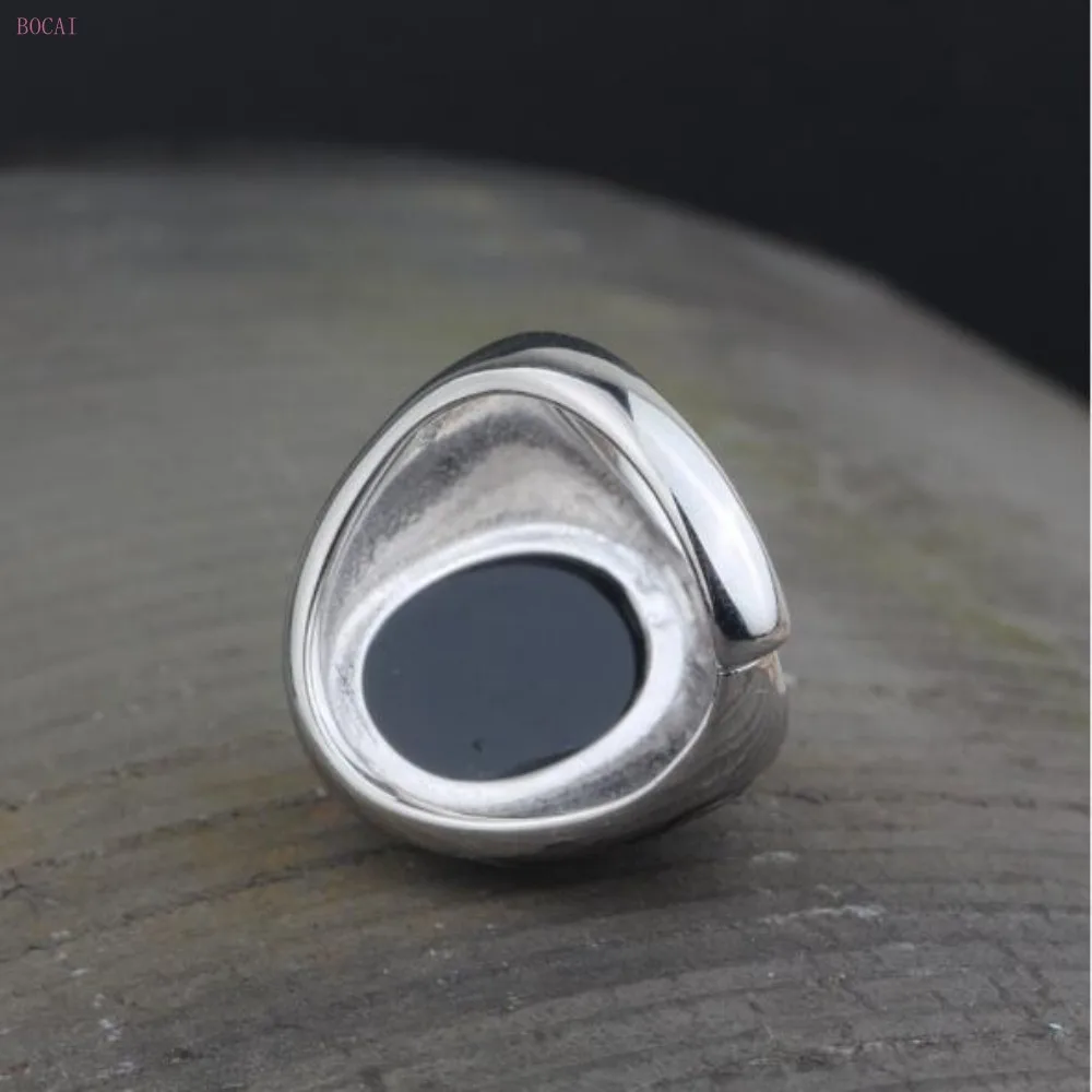 S925 Серебряное кольцо для мужчин, модное, преувеличенное, черный натуральный камень, Открытое кольцо для мужчин и женщин, указательный палец, кольцо для мужчин