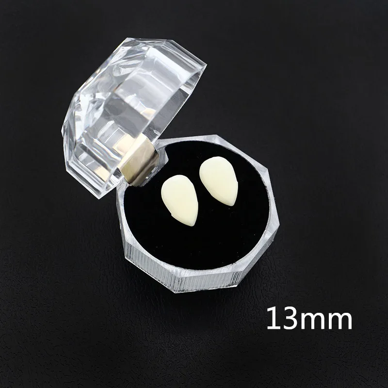 Box packaging 13mm 1 пара 4 размера страшные зубы Вампира Клыки реквизит в виде вставных челюстей Хэллоуин костюм реквизит вечерние сувениры праздник DIY зуб украшения - Цвет: Box packaging 13mm