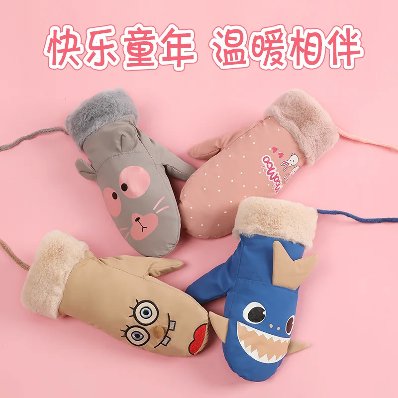 

CHILDREN'S Gloves Winter Warm Men And Women Baby Brushed And Thick Windproof Mittens Bags Hanging with Ropes Refers to Cute Cart
