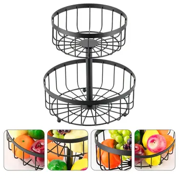 

1pc Double Layer Iron Art Fruit Storage Basket Snack Holder Storage Rack (Black)