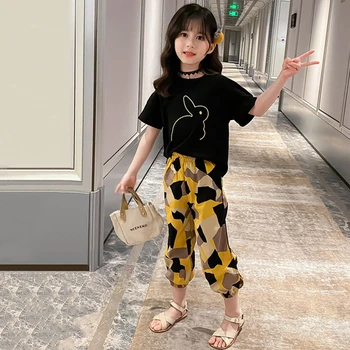 

Children Clothes Girls Summer Outfits Cartoon Short Sleeve T-shirt+Plaid Trousers Two Piece Mosquito Proof Set Casual Kids Suit