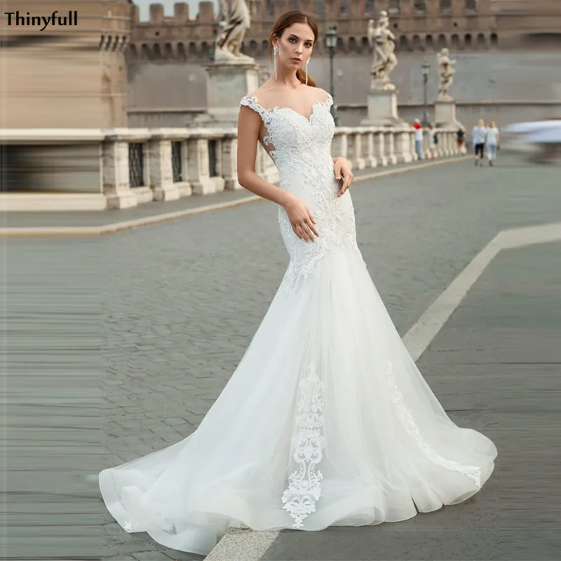 

Thinyfull 2021 Mermaid Wedding Dresses Lace Appliques Sheer Scoop Vestidos Wedding Party Gowns For Bridal Customized Robe Mariee