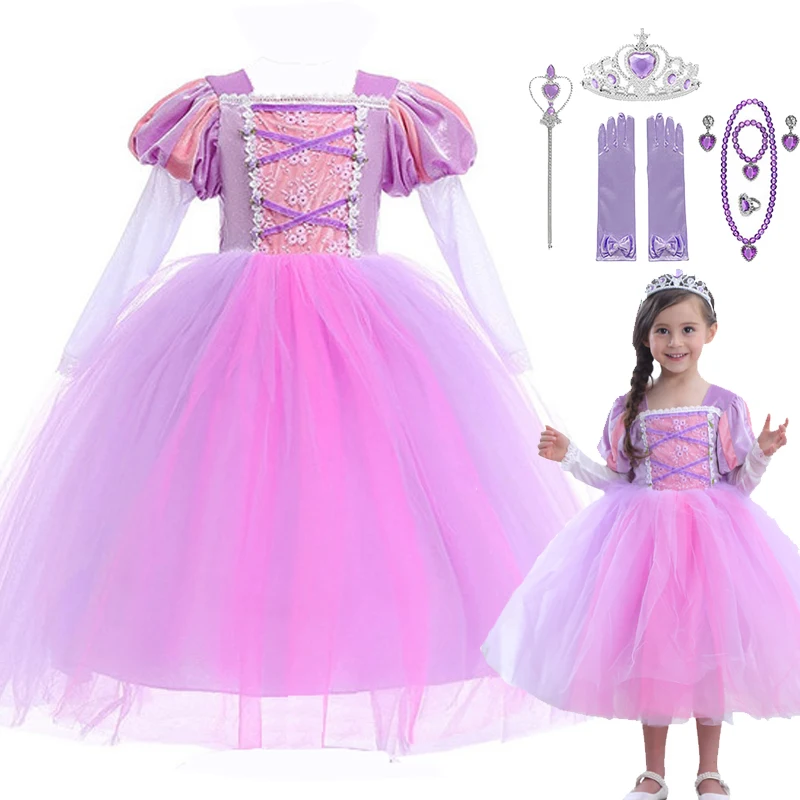 От 4 до 12 лет, костюм принцессы Рапунцель для девочек тонкая длиной до лодыжки, вечерние костюмы с длинными рукавами для костюмированной вечеринки, детское платье с рисунком Рапунцель