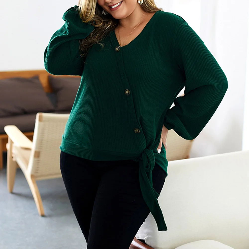 Kureas женский свитер, теплые вязаные топы размера плюс, модная повседневная одежда с v-образным вырезом и рукавами-фонариками для зимы и осени