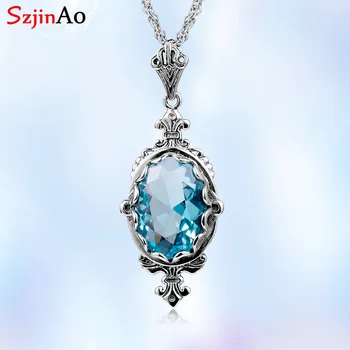 

Szjinao Real 925 Sterling Silver Pendant For Women Aquamarine Necklace Pendants Oval Gemstone Vintage Viking Fine Jewelry Gift