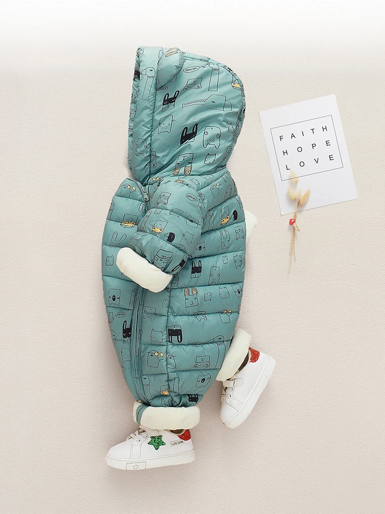 2022 Winter Warm New Born 3M 6M 9M 12M 70 80 90 100cm Toddler Infant Hooded Jumpsuit Overalls Coat Plus Velvet Baby Boy Rompers