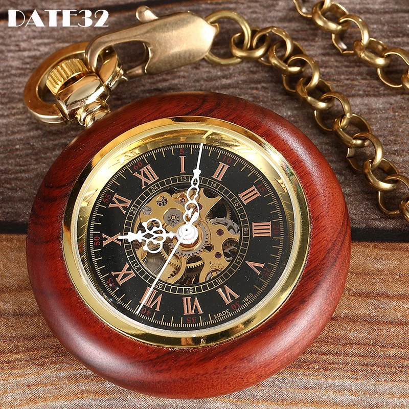 

Luxury Wooden Mechanical Pocket Watch for Men Roman Numeral Sandalwood Wood Case Gold Back Engraved Fob Chain Clock Dropshipping