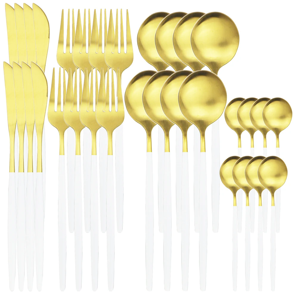 

Stainless Steel Gold Dinnerware Set 32Pcs/set White Gold Dinner Knife Fork Spoon Cutlery Set Kitchen Tableware Silverware Sets