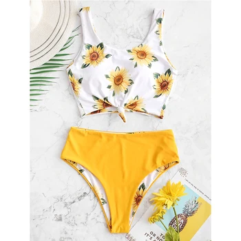 

2020 New Sexy Floral Print Bikini Set Women Scoop Neck Bralette Swimsuit Bow Knot Swimwear S-XL Girl Low Waist Bathing Suit