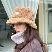 Женская шапка в Корейском стиле, Женская осенне-зимняя плюшевая шапка в рыбацком стиле из овечьей шерсти, женская теплая шапка-ведро с мягкими буквами для студентов