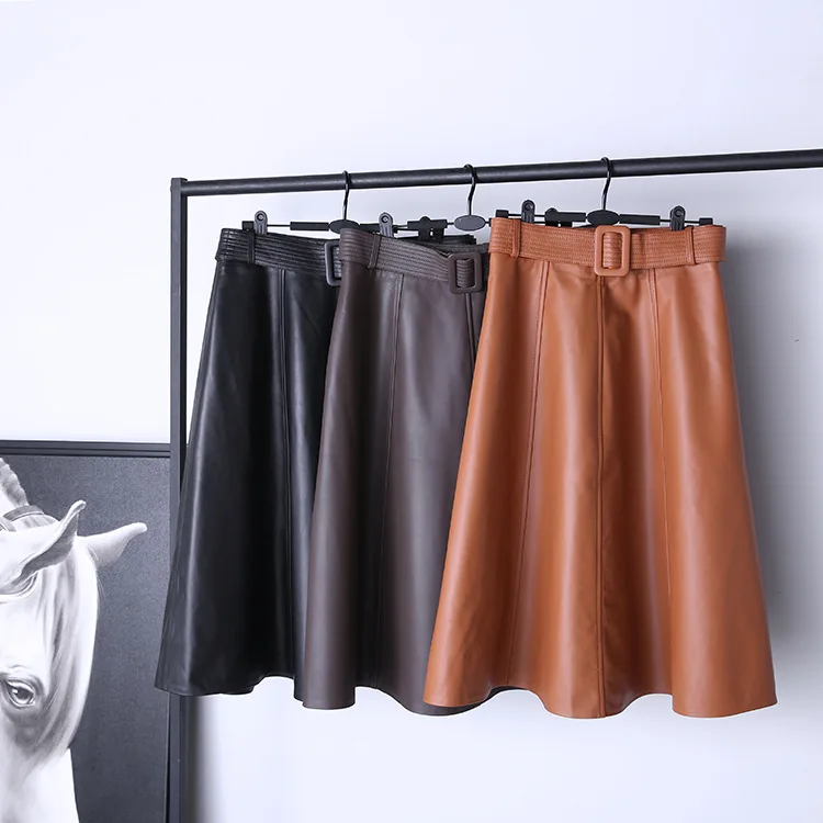 Spring Autumn New Designer Women's High-rise Leather Skirts Sheepskin Genuine Leather A-line Skirt C147 high quality z letter designer belts men famous luxury brand fancy vintage jeans full grain leather personality ceinture homme