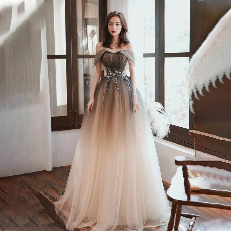 

Evening Dress Boat Neck Luxurious Appliques Empire Short Sleeves Floor-Length A-Line Pleat Tulle Woman Formal Party Gowns A1918