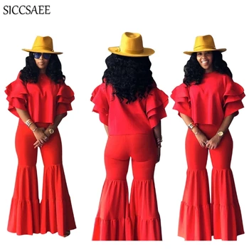 

Cascading Ruffles Flare Sleeved Crop Top Wide Leg Bell Bottom Pants 2 Piece Set Women Sexy Solid Color Clothing Sweat Suit 2020