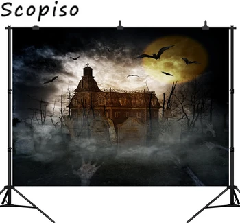 

Scopiso Halloween Horrible Dark House Tombstone Moon Bat Clouded Photo Backgrounds Photography Backdrops Photo Studio Prop