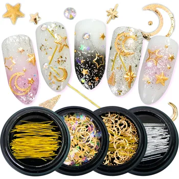 

1Box Nail Art Gold Strass Star Moon Decor Mix 3D Rhinestones Beads AB Sequins Shiny Glitter Charm Gem Manicure Accessories JI682