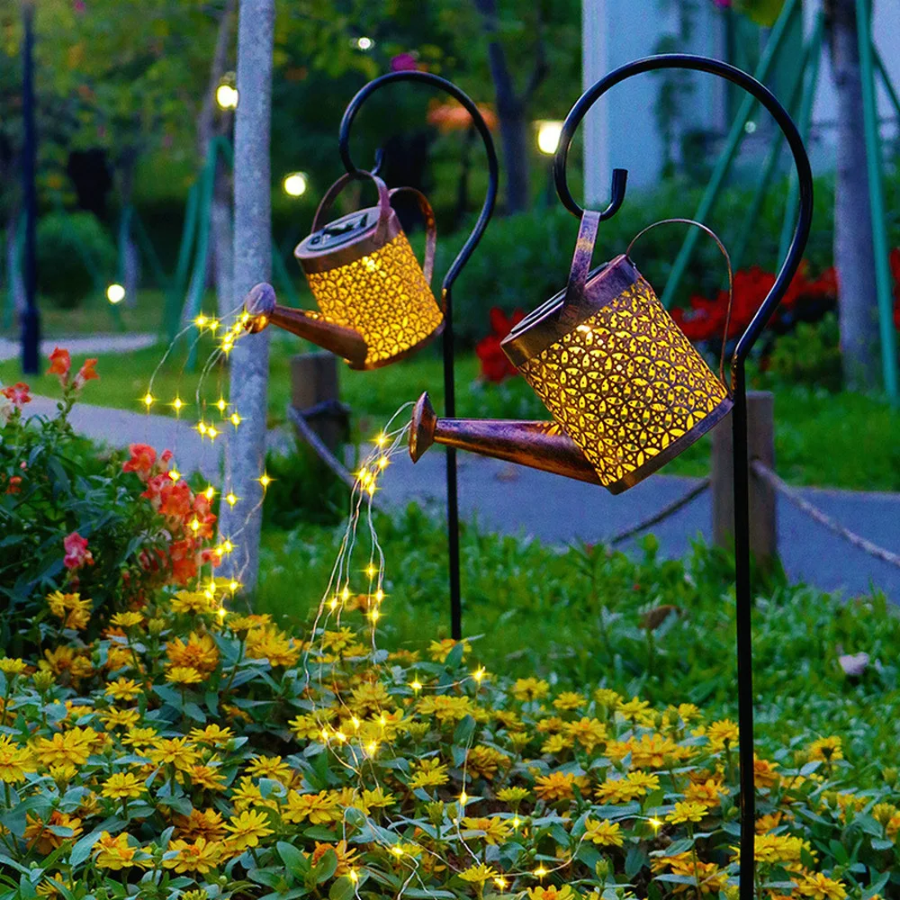 

Watering Can Solar Garden Landscape Path LED String Lights Yard Stake With Planter Yard Lawn Art Outdoor Christmas Decorations