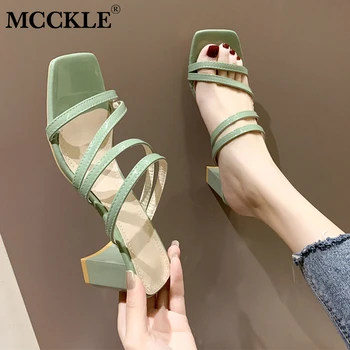 

MCCKLE Summer Slippers Women Square High Heels Slip On Elegant Ladies Shoes Woman Square Toe Beach Slides 2020 Fashion Footwear