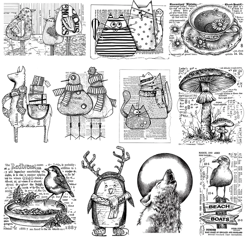 Трилби кошки чайки Робин лама Пингвин Toadstools волчонок чистые марки для