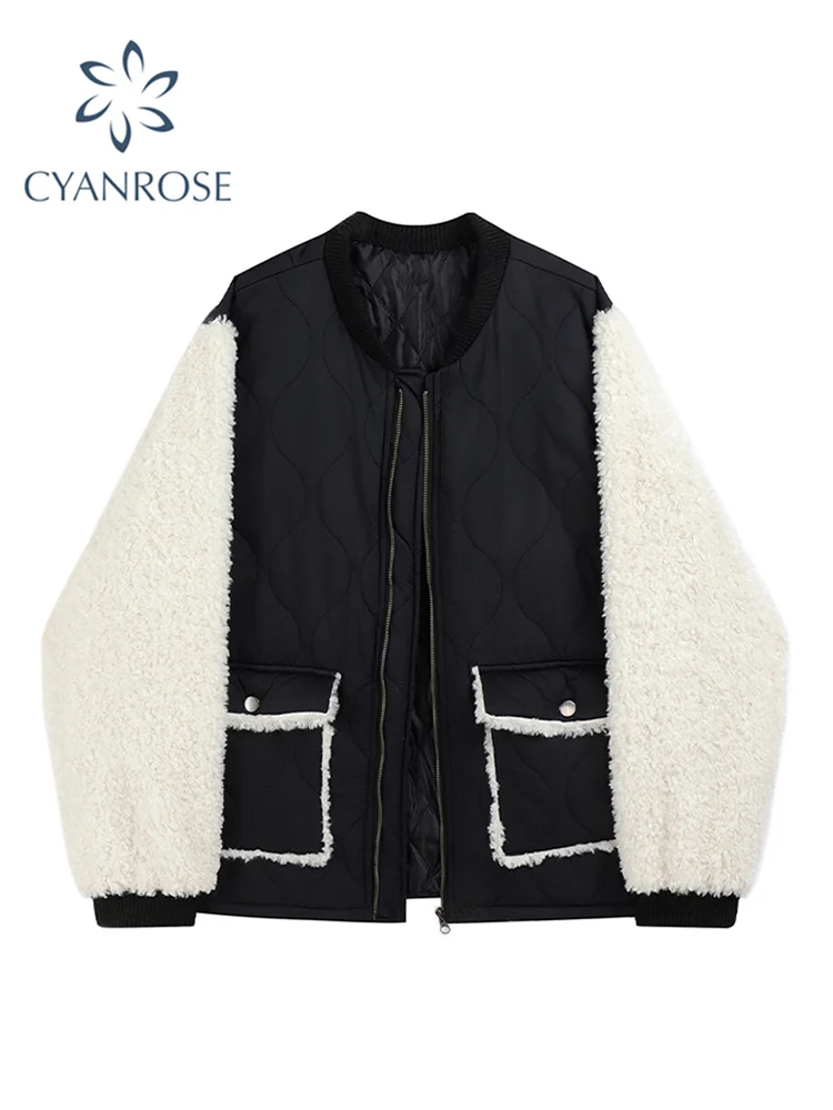 2021 Lamb Wool Patchwork Baseball Jacket Warm Thickened Female Fashion Hip Hop Retro Streetwear Oversize Cotton-padded Coat Tops | Женская