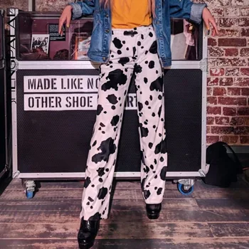 

SHENGPALAE 2020 New Vintage Patchwork Joggers Sweatpants Harajuku Woman Trousers Elastics High Waist Cow Printing Pants ZA4068