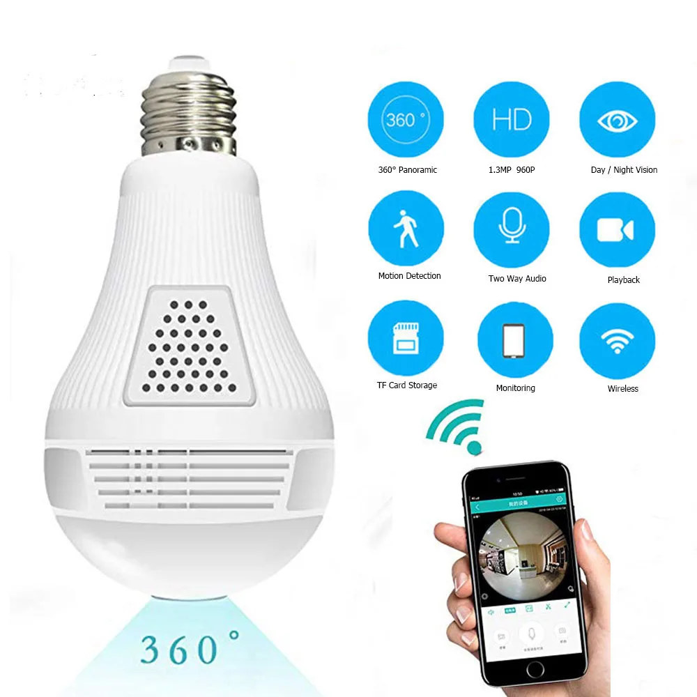 

960P HD 360 Degree Security wifi Camera Lamp Panoramic Bulb IP CCTV Video Surveillance Fisheye Kamera Night Vision Two Way Audio
