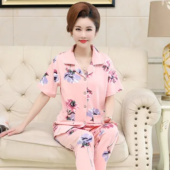 

Women'S Pajamas Summer Cotton Short-Sleeved Trousers Cardigan Middle-Aged And Elderly Mothers Thin Sleepwear Pijama Suit XXXL