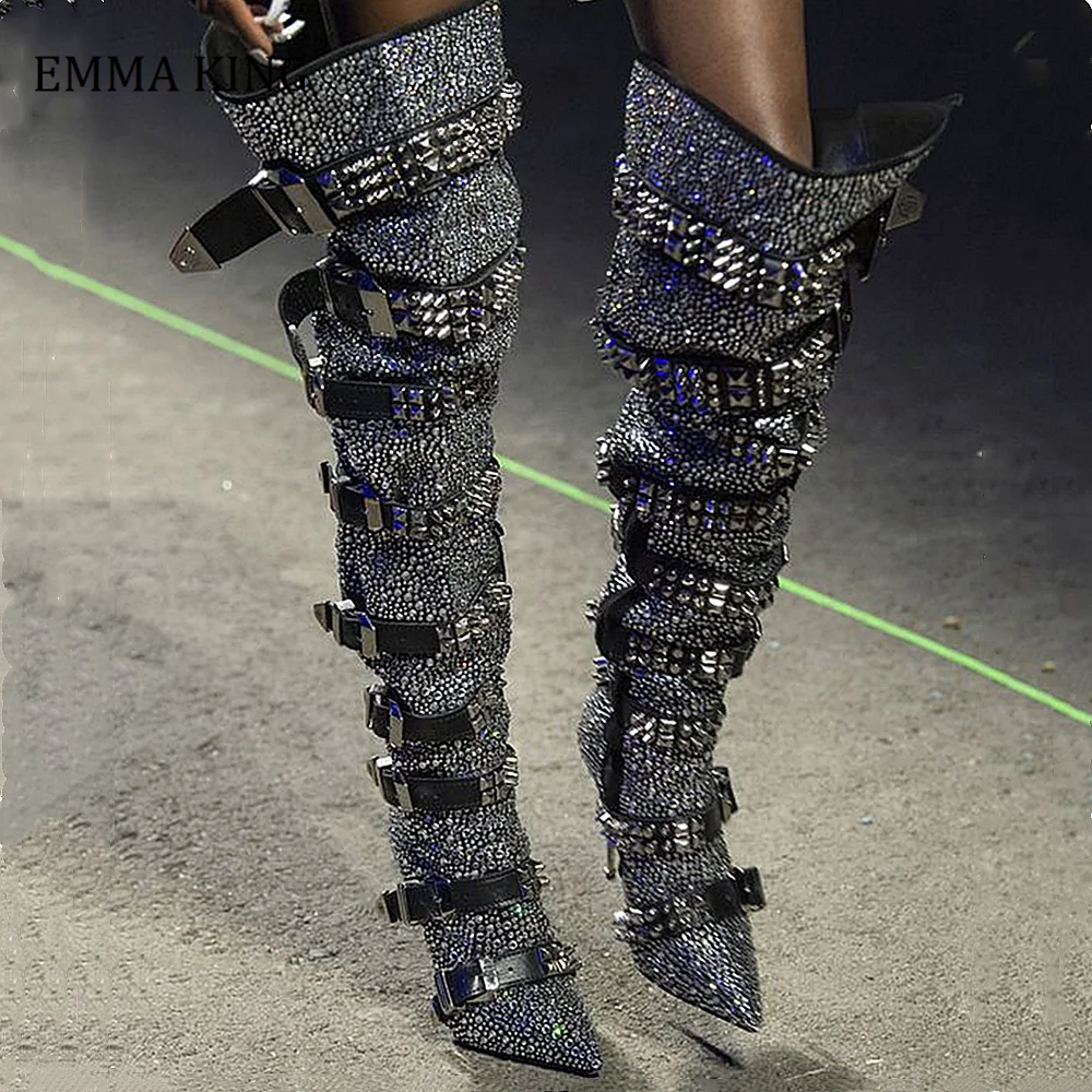 Shine Knee Rhinestone Embellished Block Heel Boots | Crystal Boots Knee