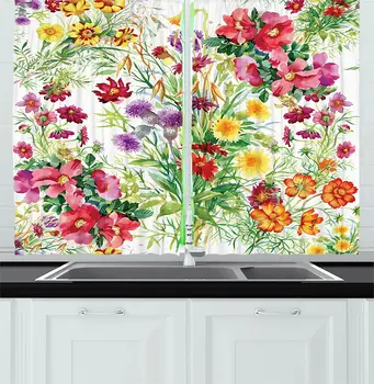 

Flower Kitchen Curtains Floral Design Garden Like Romantic Theme Image with Leaves Rose Blooms Daisies Image Window Curtain
