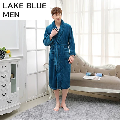 Men Lake Blue Теплый зимний банный халат до середины икры для влюбленных, Женский фланелевый Халат кимоно с длинным рукавом, халат для невесты, халаты для подружек невесты - Цвет: Men Lake Blue