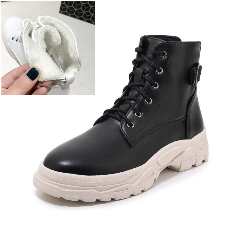 PXELENA ботинки; сезон осень-зима; женская обувь; удобные кроссовки на плоской платформе со шнуровкой и пряжкой; цвет черный, белый; большие размеры 34-45 - Цвет: Black Winter