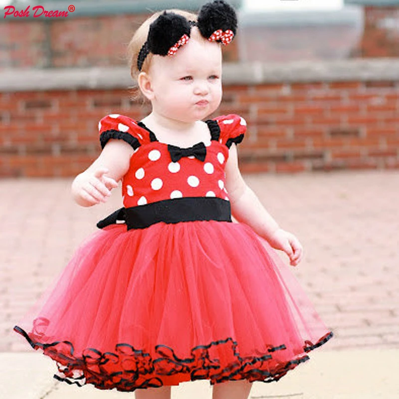 

POSH DREAM Princess Girl Mickey Birthday Costume Cute Baby Girl Pageant Party Dress with Red Bow Summer Spring Clothes Clothing