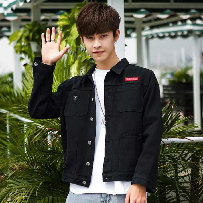 

2019 Autumn New Men's Denim Jacket Korea Solid Color Large Size Short Slim Black Casual Cotton Joker Jacket Student Men's Jacket