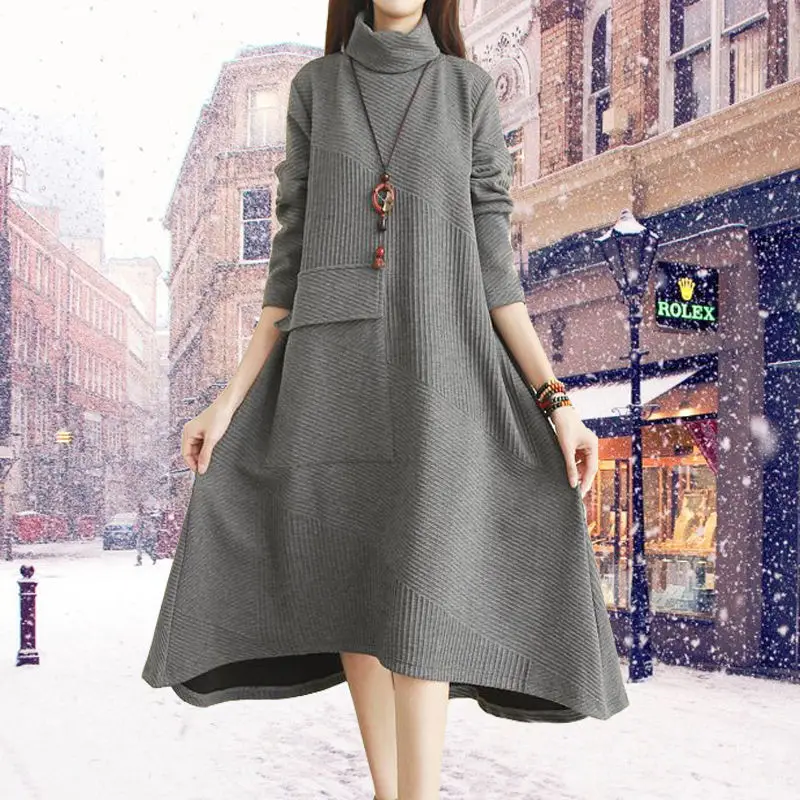 

Turtleneck dress women autumn and winter pure color elegant fashion thickened long loose casual irregular clothes