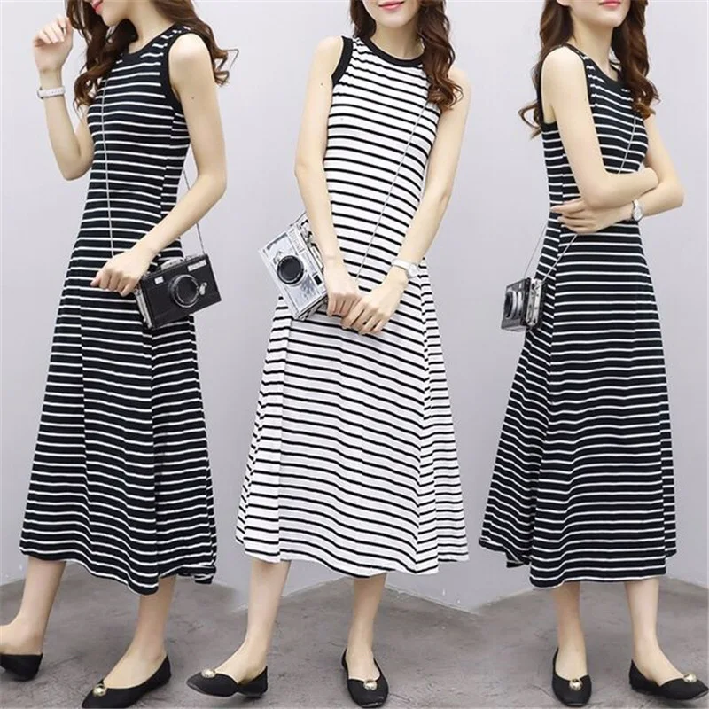 

2019 New Style Korean-style Elegant Slimming Striped Dress Women's Summer Retro Simple Sleeveless Sundress A- line Long Skirts