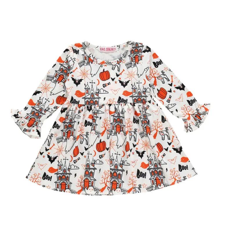 

2019 Toddler Kids Baby Girl Dress Autumn Long Sleeve Halloween Pumpkin Princess Party Pageant Round Neck Dresses Clothing
