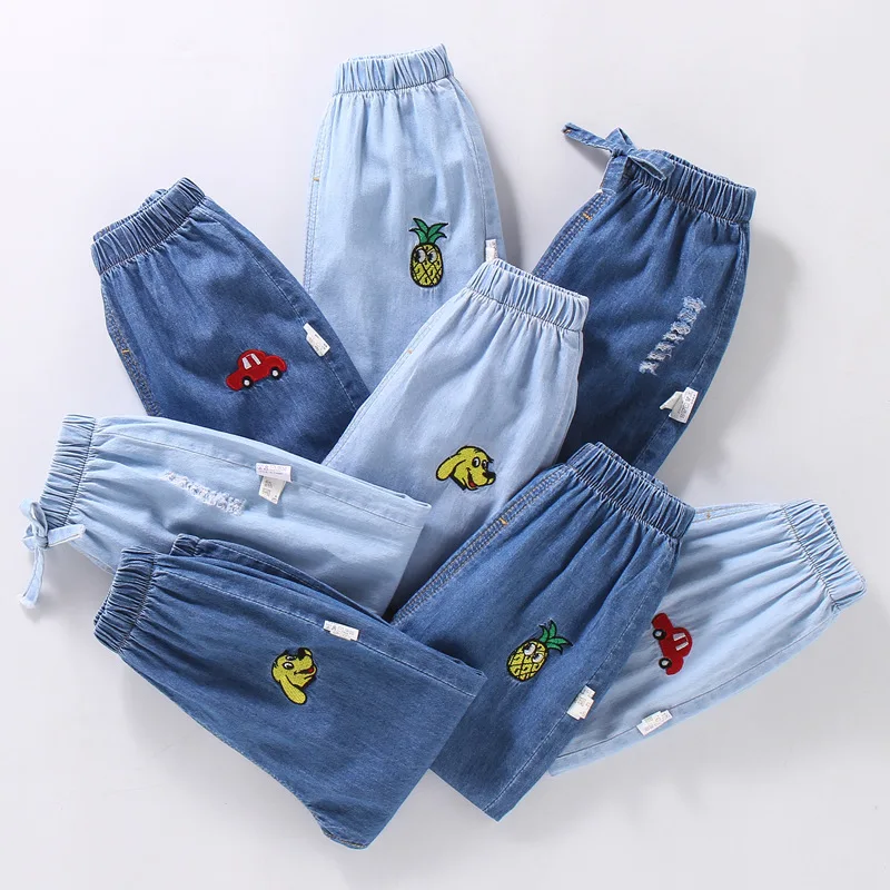 Boys Girls Summer Mosquito Thin Long Pants Children Solid Breathable Air Conditioning Jeans Kids Cartoon Ripped Denim Clothing