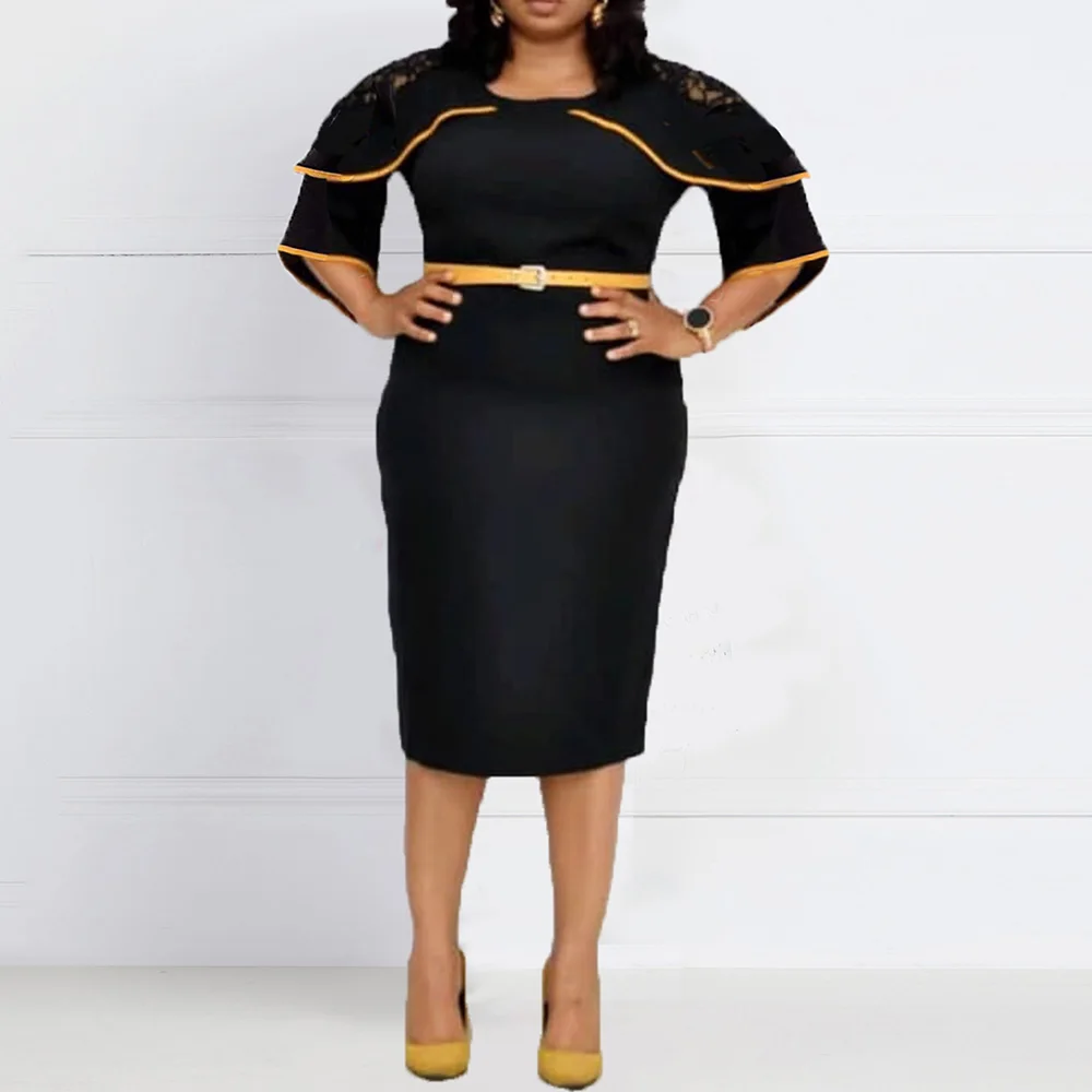 Офисное женское летнее черное платье винтажное с круглым вырезом облегающее в