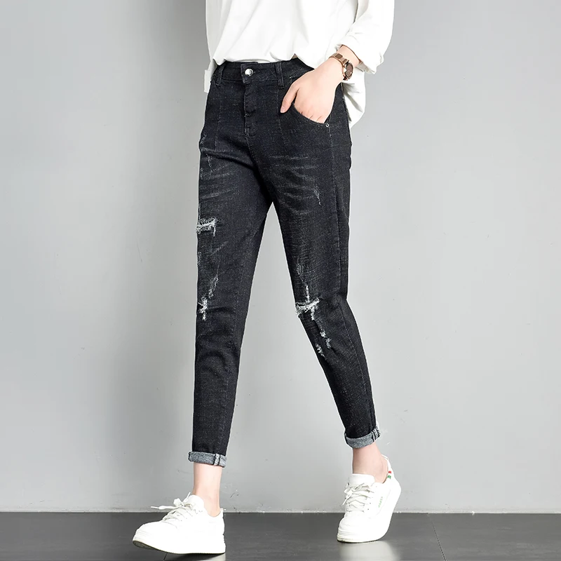 Черные джинсы женские модные рваные джинсы брюки-бойфренды Длина по щиколотку повседневные уличные брюки женские джинсовые брюки с карманами