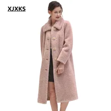 XJXKS, новинка, высококачественное удобное теплое Женское зимнее шерстяное пальто из овечьей шерсти, большой размер, модное длинное женское пальто с отворотом
