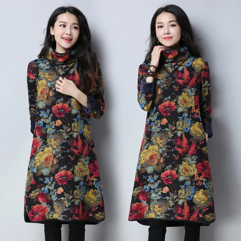 Size Plus 2XL Winter Dressess Women Long Sleeve Prinfting thick Velvet O-Neck Vintage Vestidos Hot Sale LX1345 | Женская одежда