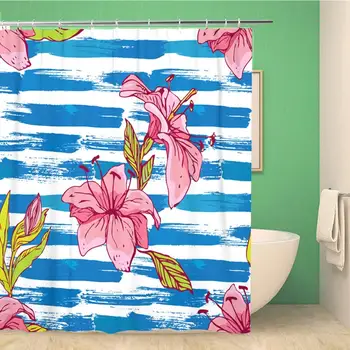 

Bathroom Shower Curtain Tiger Lilies Flowers Striped Blue and White Nautical 60x72 inches Waterproof Bath Curtain Set with Hooks