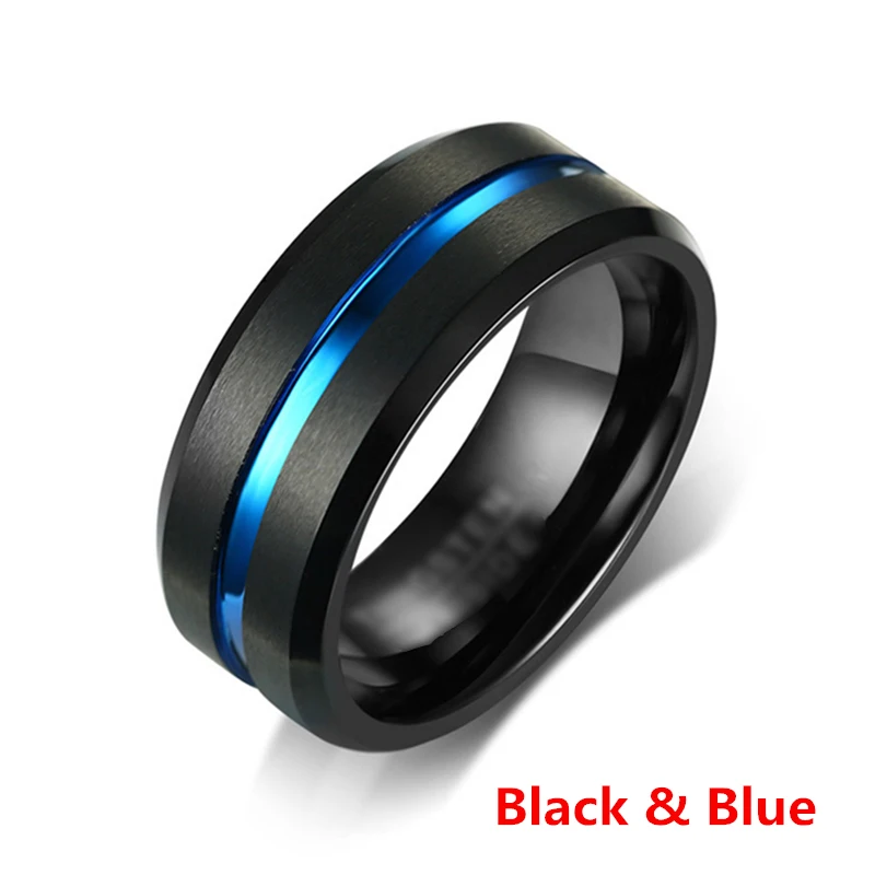8MM Men's Stainless Steel Rings Blue Red Colorful Groove Beveled Edge Wedding Engagement Ring Men's Anniversary Jewelry wedding rings finger rings jewelry rings ring jewelry