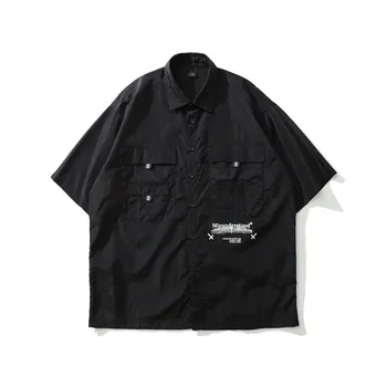 

Hip Hop Front Pocket Short Sleeve Shirts Streetwear Men Casual Shirts Male Turn-down Collar Black Fluorescent Green Color Shirt