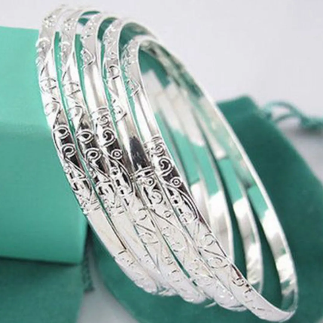 5Pcs/set 925 Silver Plated Carving Pattern Women Smart Bracelets Bangle Gift 3
